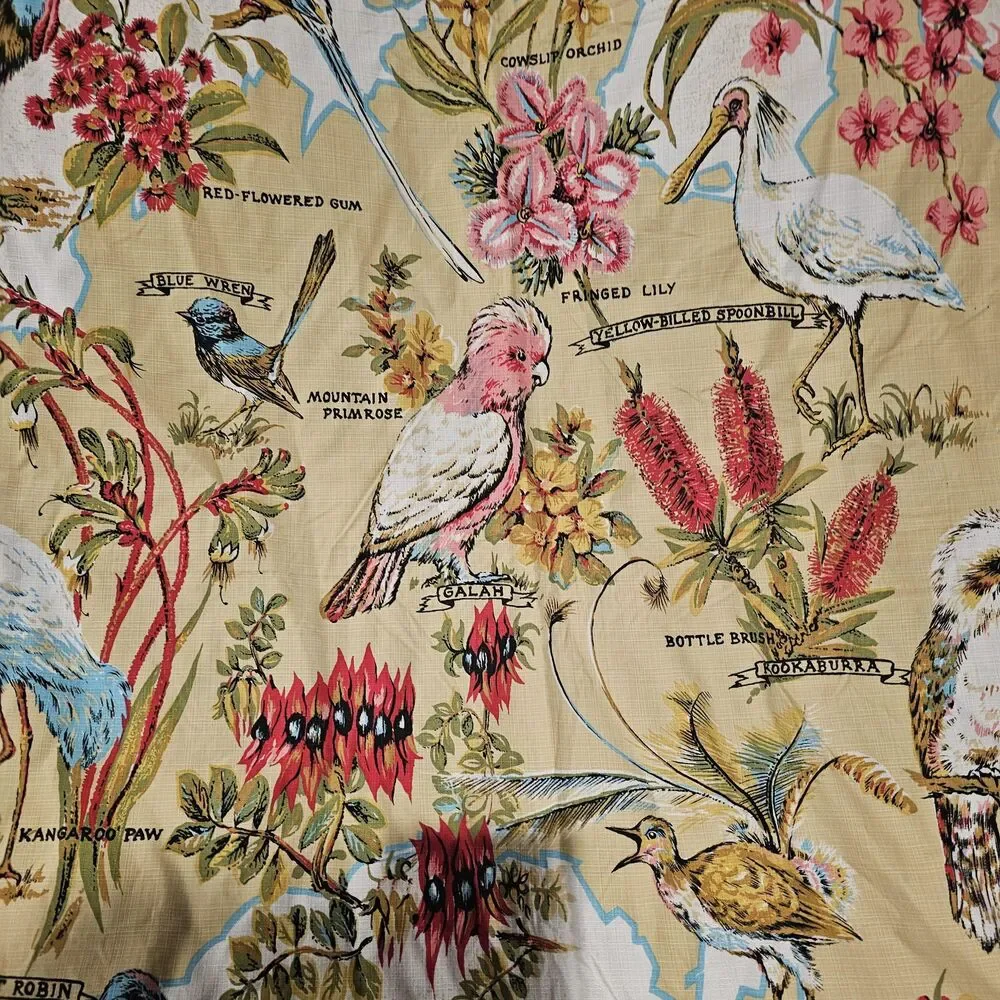 Vintage Australian Bird Tablecloth | Floral Table Linens | Card Table Cover